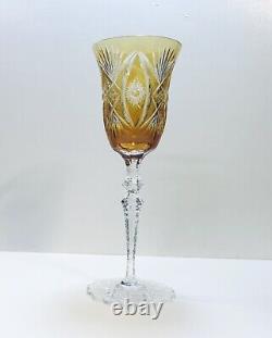 1 Val St. Lambert Bohemian Amber Cut To Clear Crystal Wine Glass- Fancy Foot