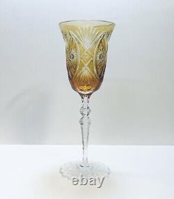 1 Val St. Lambert Bohemian Amber Cut To Clear Crystal Wine Glass- Fancy Foot