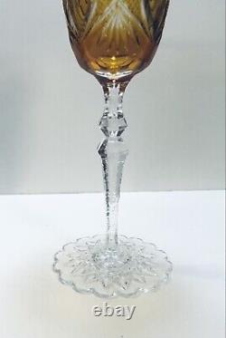 1 Val St. Lambert Bohemian Amber Cut To Clear Crystal Wine Glass- Fancy Foot