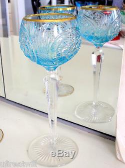 1 Vintage Val St Lambert Azure Blue Gold Rim Cased To Clear Crystal Wine Roemer