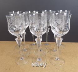 10 Spiegelau Crystal Wine Glasses Engraved Ribbed Stem Vintage German Glass
