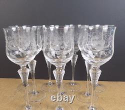 10 Spiegelau Crystal Wine Glasses Engraved Ribbed Stem Vintage German Glass