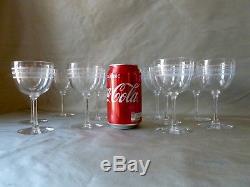11 Antique Edwardian Etched Crystal Wine Glasses, Pall Mall Type, 1900