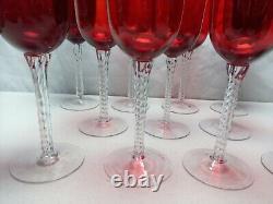 11 Hand Blown Crystal Twisted Stem Wine Glasses 8.75 Ruby Red to Amberina