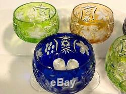 12 AJKA MARSALA Multi Color BOHEMIAN GLASS CUT TO CLEAR 8 1/4 Wine Hock Glasses