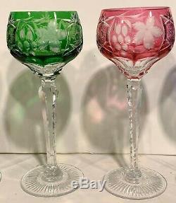 12 AJKA MARSALA Multi Color BOHEMIAN GLASS CUT TO CLEAR 8 1/4 Wine Hock Glasses