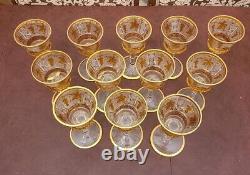 12 Amber Gold Cased Cut to Clear Crystal Wine Goblets with Gold Rim