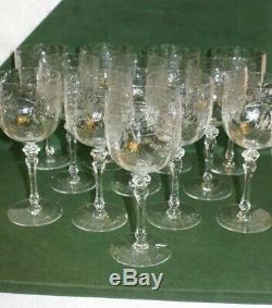 12 Antique Hand Etched Crystal Large Wine Glasses with a Floral Design