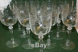 12 Antique Hand Etched Crystal Large Wine Glasses with a Floral Design