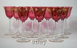 12 St Louis Crystal Massenet Cranbery and Gold Gilt wine Glasses