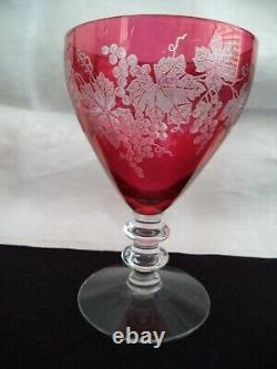 12 cranberry etched water wine goblets crystal stems grapes leaves hand blown