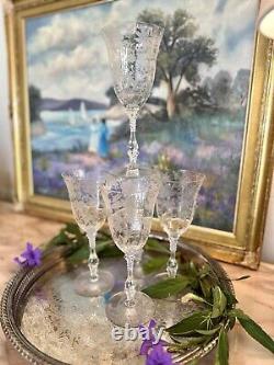 1940s Cambridge Glass Company Wildflower Wine Goblets Set Of 5