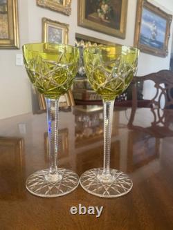2 BACCARAT Antique Chartreuse Yellow Cut to Clear Brilliant Crystal Wine Glasses