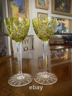 2 BACCARAT Antique Chartreuse Yellow Cut to Clear Brilliant Crystal Wine Glasses