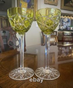 2 BACCARAT Antique Chartreuse Yellow Cut to Clear Brilliant Crystal Wine Glasses