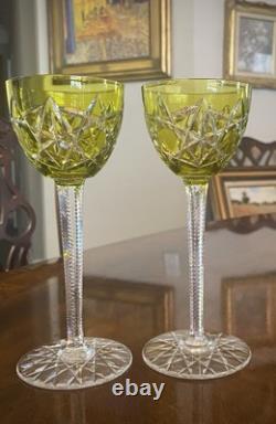 2 BACCARAT Antique Chartreuse Yellow Cut to Clear Brilliant Crystal Wine Glasses