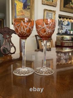 2 BACCARAT Antique Orange Cut to Clear Brilliant Crystal Wine Glasses