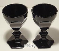 2 Baccarat Crystal Harcourt Darkside Wine Goblet Glasses Black Signed 5 3/8