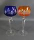 2 Bohemian Moser Cut to Clear Cobalt Orange Crystal Glass Wine Goblet Stem Cups