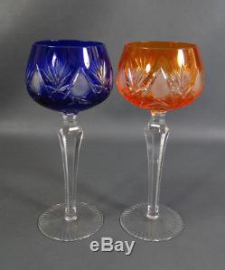 2 Bohemian Moser Cut to Clear Cobalt Orange Crystal Glass Wine Goblet Stem Cups