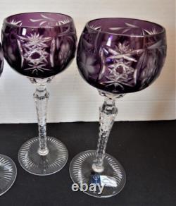 2 Bohemian WINE GLASSES GOBLETS Set Cut to Crystal Clear Purple Amethyst Hungary