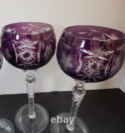 2 Bohemian WINE GLASSES GOBLETS Set Cut to Crystal Clear Purple Amethyst Hungary
