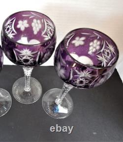 2 Bohemian WINE GLASSES GOBLETS Set Cut to Crystal Clear Purple Amethyst Hungary