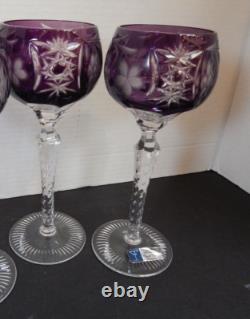 2 Bohemian WINE GLASSES GOBLETS Set Cut to Crystal Clear Purple Amethyst Hungary