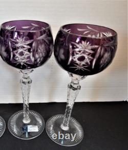 2 Bohemian WINE GLASSES GOBLETS Set Cut to Crystal Clear Purple Amethyst Hungary
