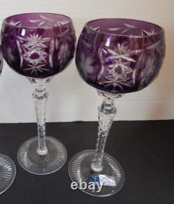 2 Bohemian WINE GLASSES GOBLETS Set Cut to Crystal Clear Purple Amethyst Hungary