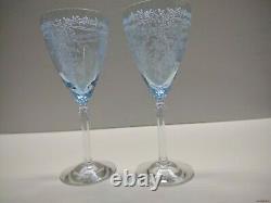 2 Fostoria June Azure Blue Water Goblets Crystal Stems Wine Glasses 1928-1944