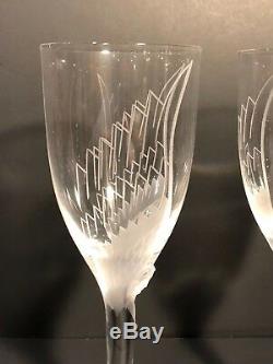 2 French Signed Lalique Frost Cut Cherub Angel Wing Champagne Wine Flute Stems