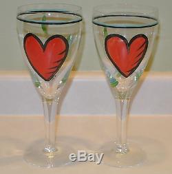 2 Kosta Boda Crystal Heart Flutes Wine or Champagne Glasses Artist Signed RARE