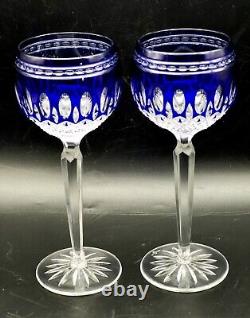 2 Mint Waterford Clarendon Cobalt Blue Cut To Clear Crystal Wine Goblet Glasses