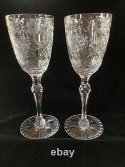 2 Seneca Berkely Wine Glasses 7 Antique Etched Cut Engraved Glass Goblets Euc