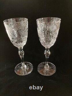 2 Seneca Berkely Wine Glasses 7 Antique Etched Cut Engraved Glass Goblets Euc