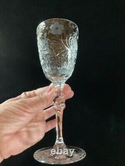 2 Seneca Berkely Wine Glasses 7 Antique Etched Cut Engraved Glass Goblets Euc