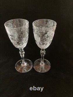 2 Seneca Berkely Wine Glasses 7 Antique Etched Cut Engraved Glass Goblets Euc