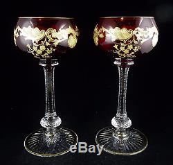 2 St Louis Glass Massenet Ruby/Cranberry Gold Encrusted French Crystal Wine Hock