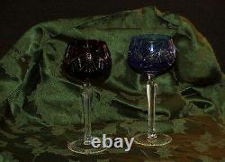 2 Val ST Lambert Ruby & Cobalt Cut to Clear Cased Crystal Wine Goblets Vintage