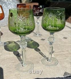 2 Vintage Cut To Clear Celadon Green Nachtmann Bohemian Crystal Wine Goblets