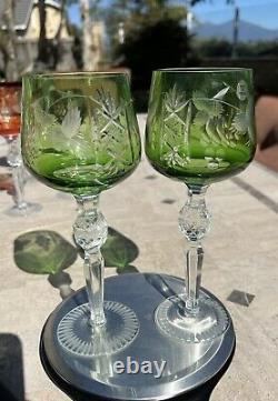 2 Vintage Cut To Clear Celadon Green Nachtmann Bohemian Crystal Wine Goblets
