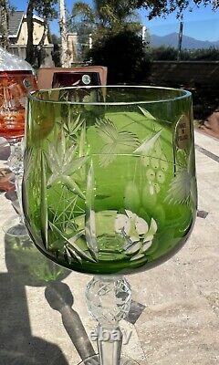 2 Vintage Cut To Clear Celadon Green Nachtmann Bohemian Crystal Wine Goblets