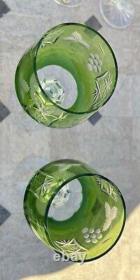 2 Vintage Cut To Clear Celadon Green Nachtmann Bohemian Crystal Wine Goblets