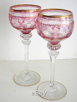 2 Vintage Val St Lambert Pink Cran Gold Rim Cased To Clear Crystal Wine Roemers