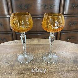 2 Vtg Ajka Gold Amber Hock Wine Glasses 7.75 Cut To Clear Bohemian Czech Glass