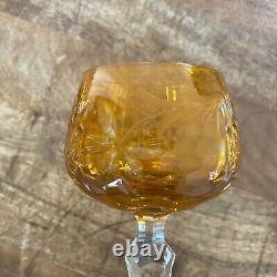 2 Vtg Ajka Gold Amber Hock Wine Glasses 7.75 Cut To Clear Bohemian Czech Glass