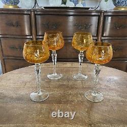 2 Vtg Ajka Gold Amber Hock Wine Glasses 7.75 Cut To Clear Bohemian Czech Glass