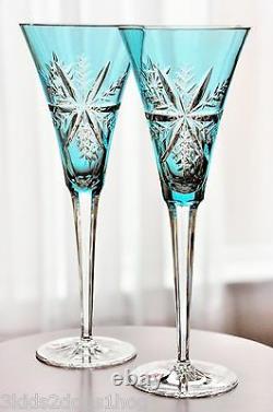 2 Waterford Aqua Blue Snow Crystals Cut to Clear Wine Champagne Flute Goblet New
