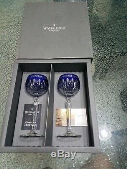 2 Waterford COBALT Colored Crystal Clarendon Wine Hock Goblets -8H -Mint in Box